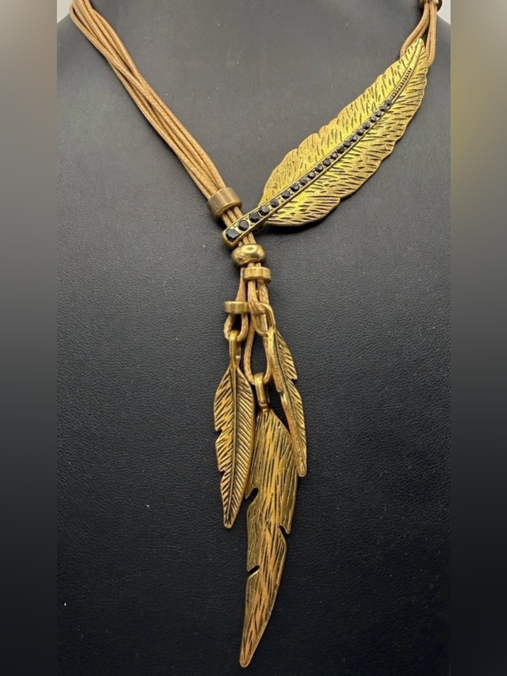 Boho Gold Tone Feather Lariat Necklace Rhinestone Accents Multi-Cord Brown